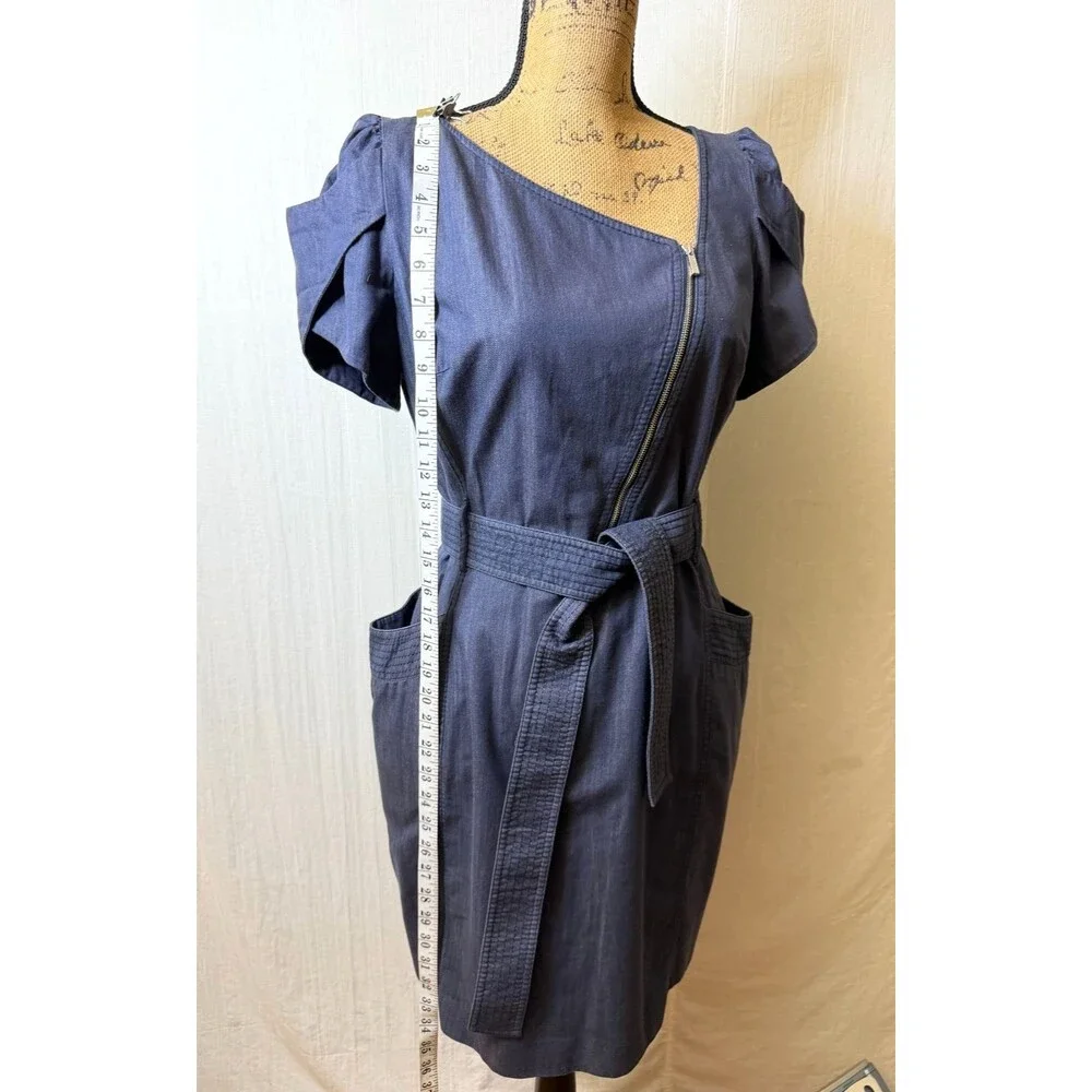 Karen Millen Navy Cotton Belted Asymmetric Zip Pockets Denim Dress Sz 6